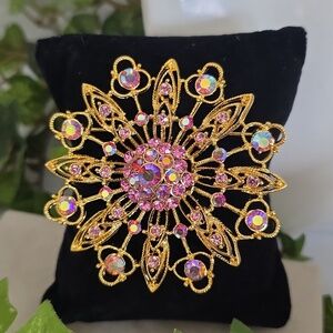 VIntage filigree Starburst Flower Brooch Pin with Pink and AB Crystal Rhinestone
